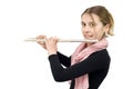 Studio Shot of Smiling Girl Playing Flute Isolated on White Royalty Free Stock Photo