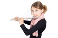 Studio Shot of Smiling Girl Playing Flute Isolated on White Royalty Free Stock Photo