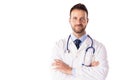 Studio shot of smiling male doctor standing at isolated white background Royalty Free Stock Photo