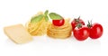 Studio shot of tomatoes,tagliatelle,basil and cheese on white Royalty Free Stock Photo