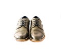 Close-up pair brand new grey men dress shoes isolate on white ba