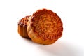 Studio shot of two pieces traditional style Chinese mooncakes the Chinese means yolk