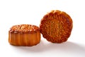 Studio shot of two pieces traditional style Chinese mooncakes the Chinese means yolk
