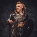 Viking posing with shield and axe against dark background Royalty Free Stock Photo