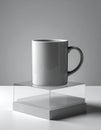 Studio Shot of White Ceramic Mug on Transparent Acrylic Cube in Gray Background Royalty Free Stock Photo