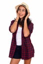 Studio shot of young happy teenage girl looking up isolated against white background Royalty Free Stock Photo