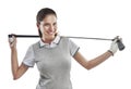 Golf gives good vibes. Studio shot of a young golfer holding a golf club behind her back isolated on white. Royalty Free Stock Photo