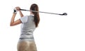 Perfecting her follow through. Studio shot of a young golfer practicing her swing isolated on white. Royalty Free Stock Photo