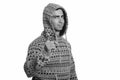 Studio shot of young handsome Persian man wearing hoodie