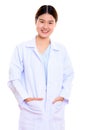 Studio shot of young happy Asian woman doctor smiling with hands Royalty Free Stock Photo