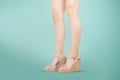 Studio shot of a young woman`s legs in a pair of pink platform wedge shoes on turquoise