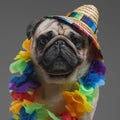 Funny pug dog with straw hat and hawaiian wreath