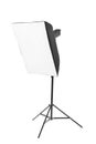 A studio softbox isolated on a white background. A professional studio equipment. A dark flashlight on a tall tripod. Outbreak. Royalty Free Stock Photo