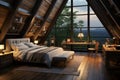 Studio sophistication Master bedroom in dark attic with large windows