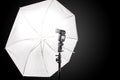 Studio stand with speedlight photo flash and white umbrella reflector