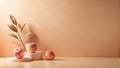Studio still life peaches and branch on minimalist pedestals. Generative AI Royalty Free Stock Photo