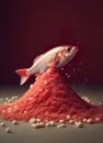 Studio-style image of Fish on top of reddish salt. Whole fish on top of a pile of pink salt.