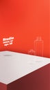 Studio table background.Vector,vivid red product display block with oragne red wall.mockup for display of design.Vertical Banner