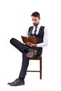 Studio, tablet and man with chair, formal and business for style and fashion. Professional, lawyer or attorney with Royalty Free Stock Photo