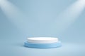Studio template and white round shape pedestal on light blue background with spotlight product shelf. Blank studio podium for