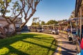 Studio Tour Tram with tourists driving through Universal Studios Hollywood