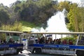 The studio tram tour passes an old tram as it enters King Kong 360 3-D