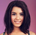 Studio, woman and closeup with portrait, smile and fashion for happy, model and youth. Latino teen, face and beauty with