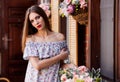 Studio, woman, cotton dress, outdoors, close up Royalty Free Stock Photo