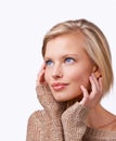 Studio, woman and skincare with sweater, vision and smile with happiness and satisfaction. Model, jersey and fashion for