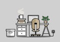 Studio workspace or home workspace of creative graphic designer, flat line vector and illustration.