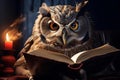 Studious Cute owl reading book sofa. Generate Ai