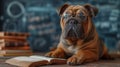 studious english bulldog with glasses opening book and studying