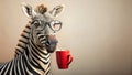 A studious zebra in spectacles enjoying a moment of calm with a warm beverage. Generative AI Royalty Free Stock Photo