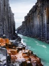 Studlagil basalt canyon in Iceland. Most famous and popular place in Iceland. River in canyon.