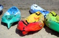 Studland, Dorset, England - June 01 2018: Bright colorful kayaks