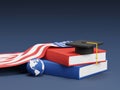 Study abroad banner concept design of graduation cap on books and global with american flag on blue background 3D render Royalty Free Stock Photo