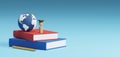 Study abroad banner concept design of wooden people with graduation cap and world on books 3D render Royalty Free Stock Photo