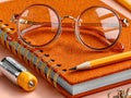 Study Accessories Featuring Reading Glasses, a Notebook, Pencil, and Battery Royalty Free Stock Photo