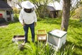 The study of bees is known as melittology. This Beekeeper is ready to check on the bee hive while wearing protective clothing