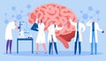 Study brain in laboratory, vector illustration. Scientists researching human mind. Doctor diagnoses patient, experiment.