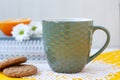 A study break: a cup of tea, cookies and a half of an orange Royalty Free Stock Photo