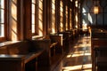 Study carrels in a row, beside a window, illuminated by warm natural light, A row of study carrels bathed in warm natural light Royalty Free Stock Photo