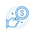 Study commercial analytics vector line icon. Hand holds magnifying glass with money symbol in center. Royalty Free Stock Photo