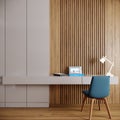 Study desk and blue chair in front of the wooden wall  empty wall mockup Royalty Free Stock Photo