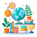 Study desk with globe, books, and plants Royalty Free Stock Photo