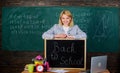 Study and education. Modern school. Knowledge day. teacher with alarm clock at blackboard. Time. Back to school Royalty Free Stock Photo