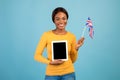 Study English Online. Black Female Holding British Flag And Blank Digital Tablet Royalty Free Stock Photo