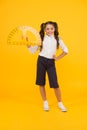Study geometry. Future architect. Engineering course. Geometry concept. Schoolgirl holding protractor for lesson. Little Royalty Free Stock Photo