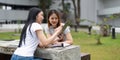 Study Group and Collaboration. Two students enthusiastically discussing their assignments on a tablet in a campus park. Royalty Free Stock Photo