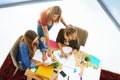 Study group in progress. High angle shot of two female university students working on a project together at a table on Royalty Free Stock Photo